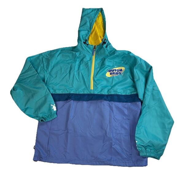 Dutch Bros Coffee Men Jacket M Blue Colorblock Windbreaker Hooded 1/4 Zip - Picture 1 of 9